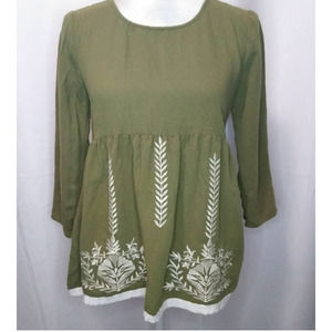 Polagram boho 3/4 length olive green top with cream embroidery